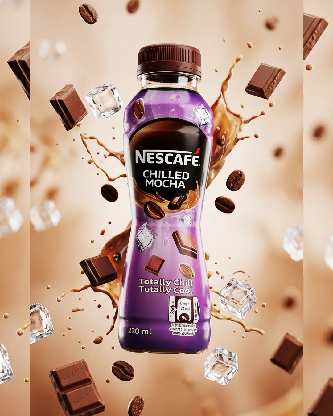 AI product photoshoot of a Nescafé Chilled Mocha bottle with floating chocolate, coffee beans and ice