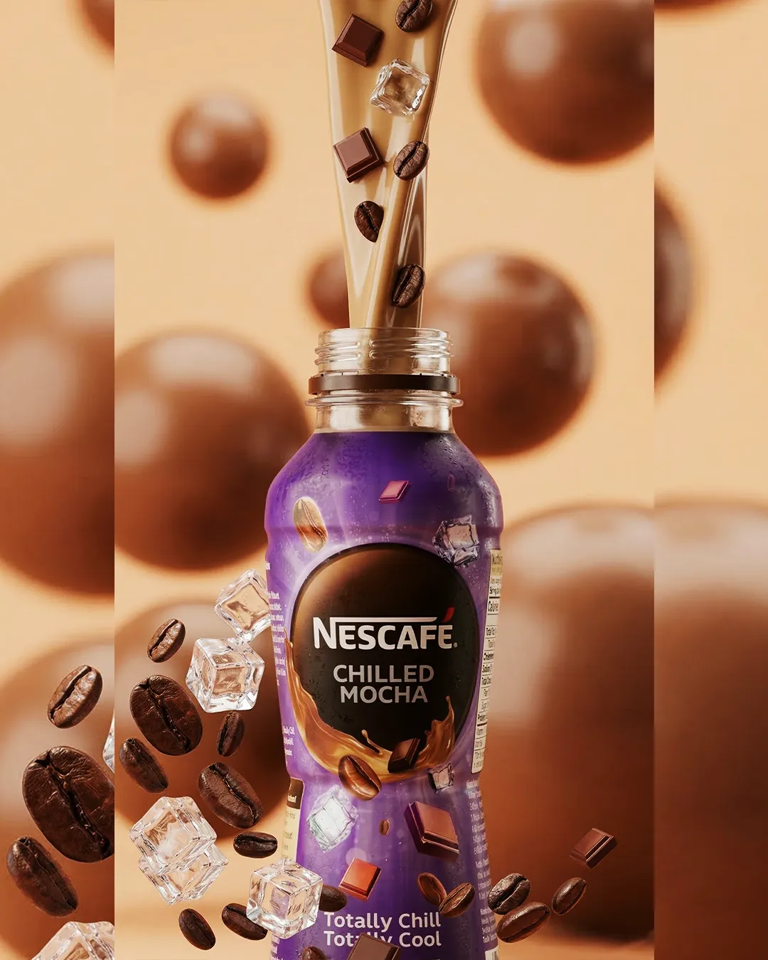 AI-generated Nescafé Chilled Mocha product shot with coffee pour