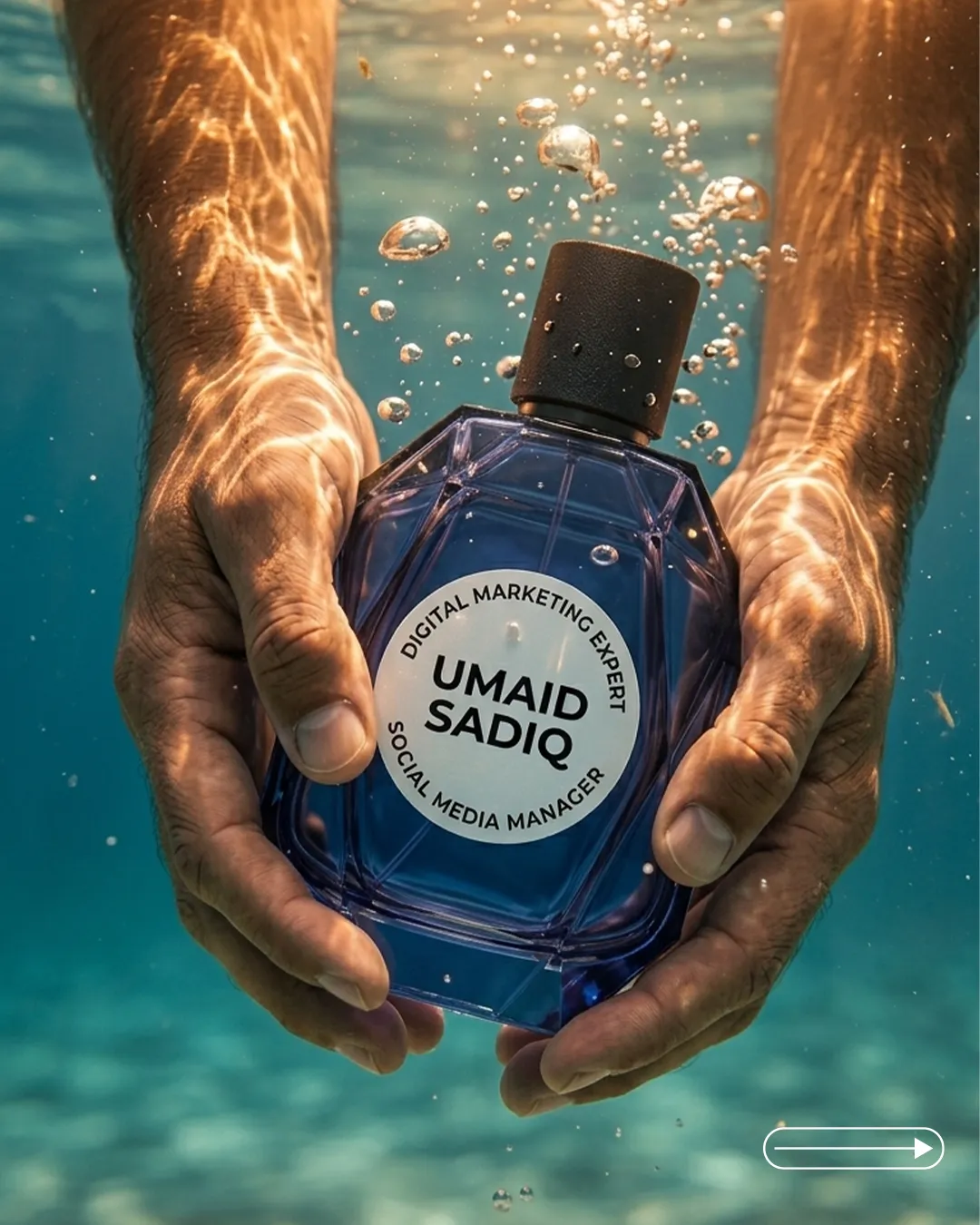 AI perfume photoshoot of a fragrance bottle held underwater with bubbles