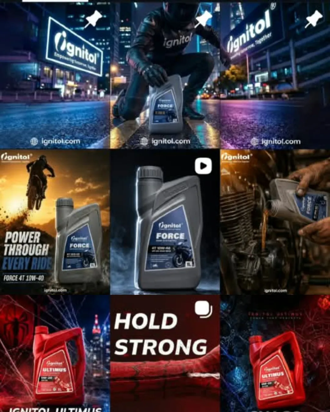 Ignitol engine oil Instagram feed with Force and Ultimus motorcycle oil posts