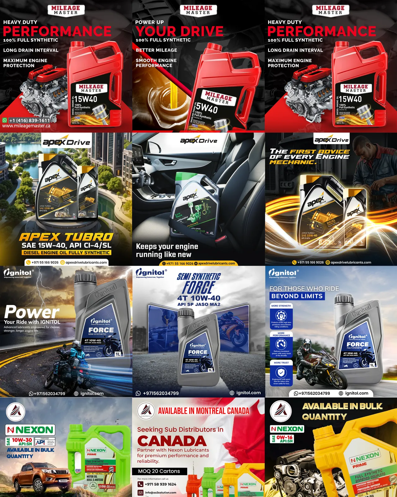 Engine oil social media ad creatives for Mileage Master, Apex Drive, Ignitol and Nexon lubricants