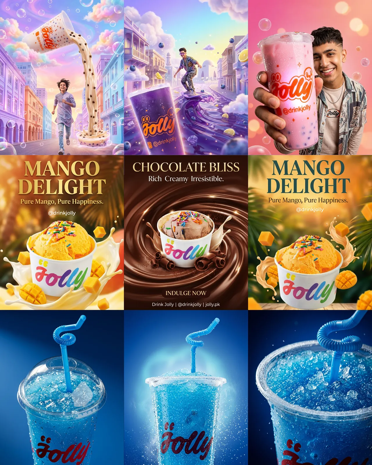 Jolly drinks and ice cream social media post series with bubble tea, mango delight and blue slush creatives
