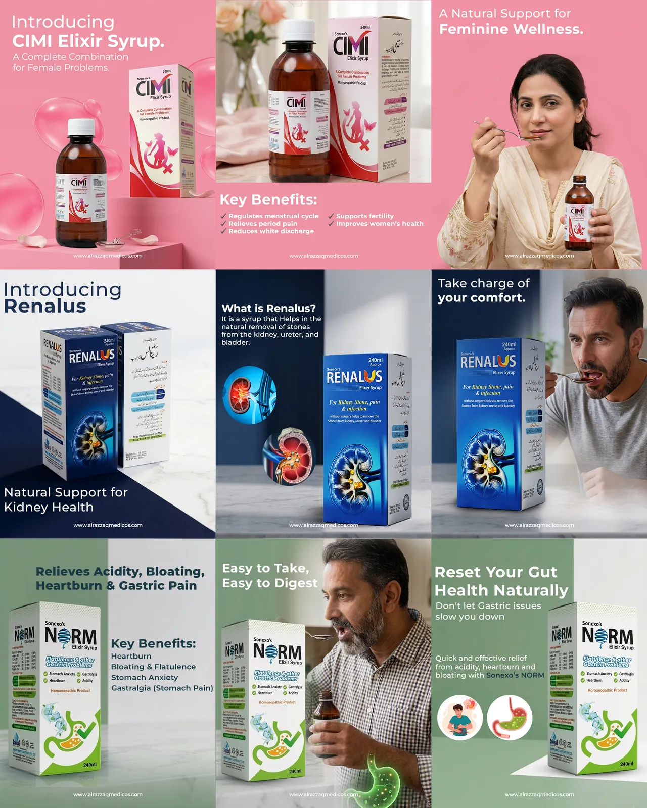 Sonexo healthcare social media posts for CIMI, Renalus and NORM elixir syrups