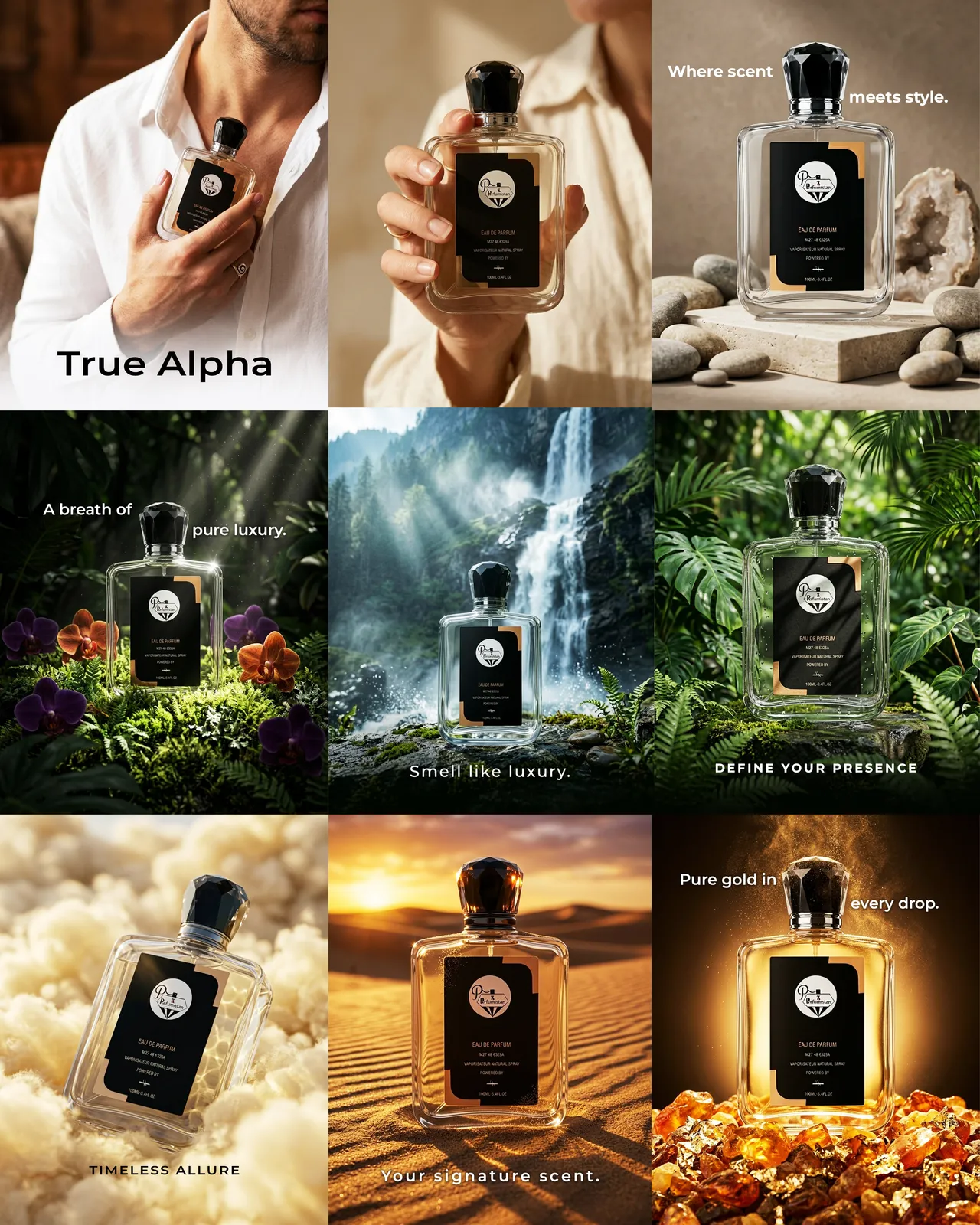 Perfumistan luxury perfume social media campaign with an eau de parfum bottle in nature and desert scenes
