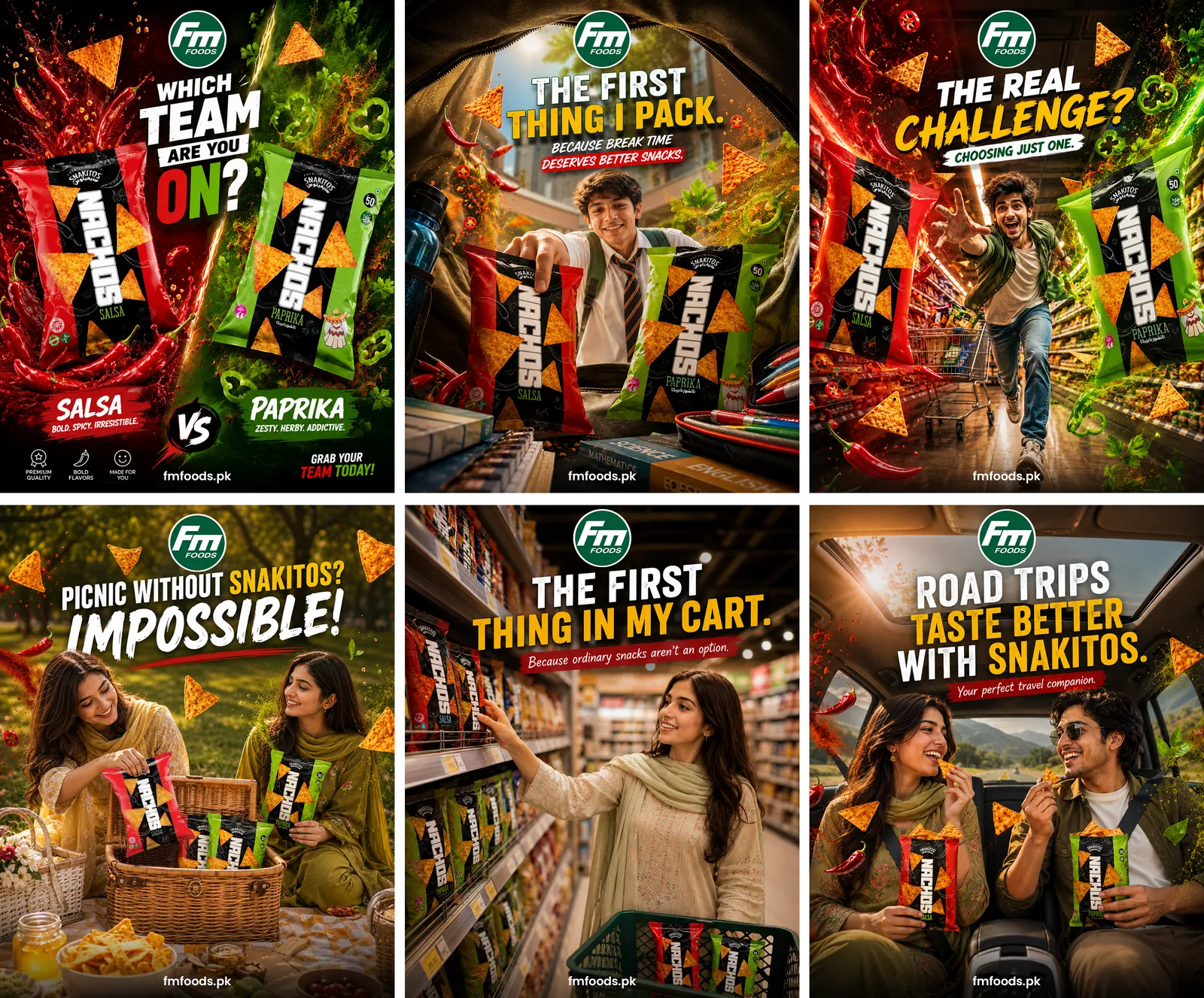 FM Foods Snakitos nachos social media ad creatives for the salsa vs paprika campaign